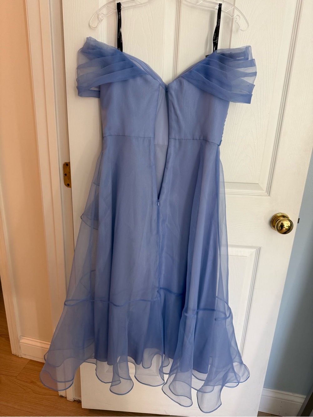 Theia Couture Lavender Blue Off-Shoulder Ruffled Cocktail Midi Dress - Picture 2 of 4